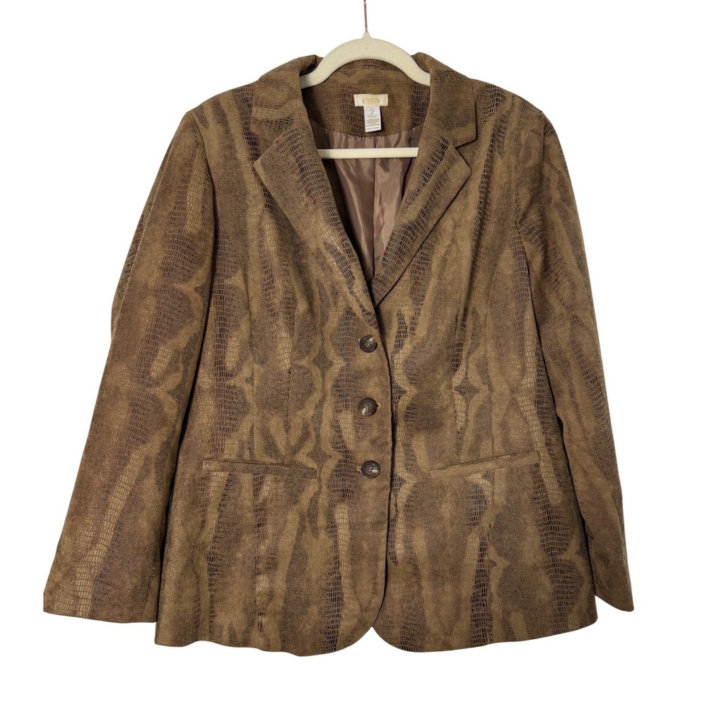 Chicos Blazer Womens 2 Brown Excellent Snakeskin Animal Print Corduroy Metallic